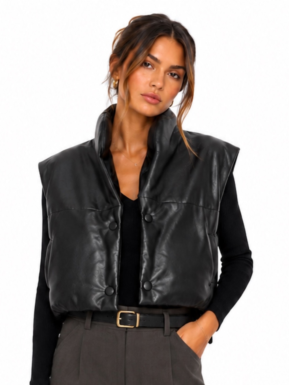 Elan Black Faux Leather Puffer Vest Sleeveless High Collar Jacket Size M NWT